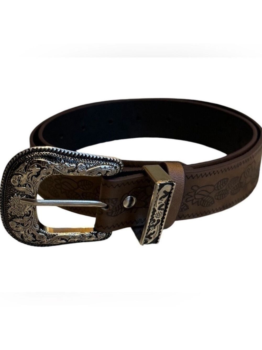 Tan Faux Leather Western Belt Silver Buckle - Picture 1 of 10